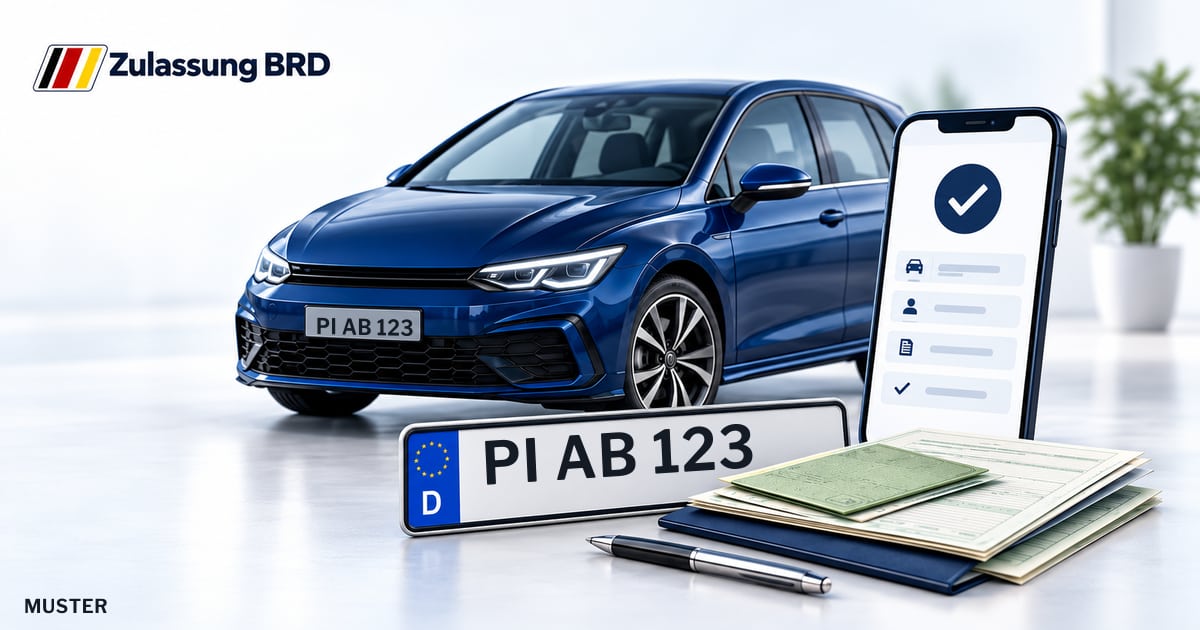 Online Fahrzeugzulassung in Uetersen: Musterkennzeichen PI AB 123, Auto und Fahrzeugpapiere und Smartphone. Illustration mit Logo von Zulassung BRD.